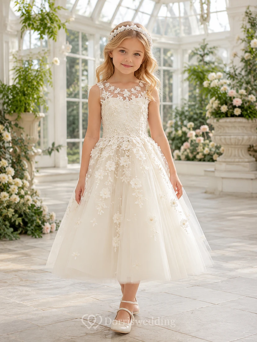A-Line Couture Flower Girl Dress with Sleeveless Lace Bodice, Hand Appliques, Full Tulle Skirt, Beaded Waist, Couture Formal Style