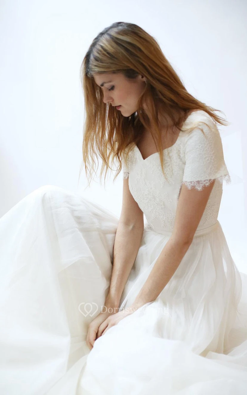 Short Sleeve V-Neck A-Line Lace and Tulle Dress With Pleats view 5