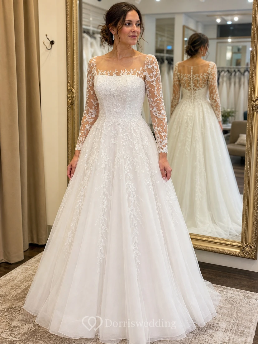 Elegantes Ballkleid mit U-Boot-Ausschnitt, 3/4-Ärmeln, Hofschleppe, Tüll, Applikationen und Illusionseffekten view 6
