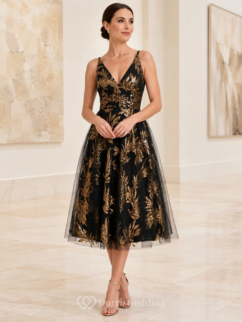 Black Gold V-Neck Sleeveless Floral Tulle A-Line Tea-Length Formal Dress