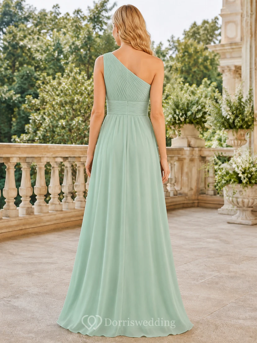 Mint green one shoulder pleated chiffon floor length bridesmaid dress view 2