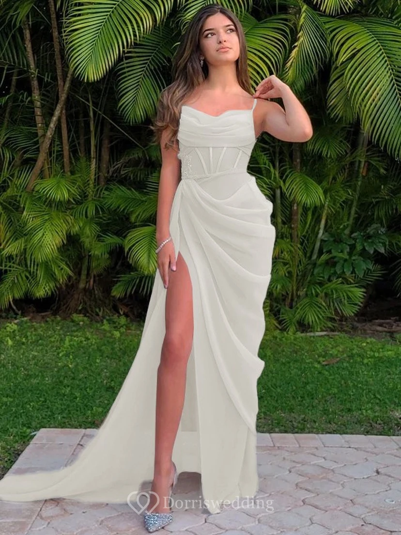Spaghetti Ruched Sexy Front Split Sheath Side-ruched Prom Dress view 22
