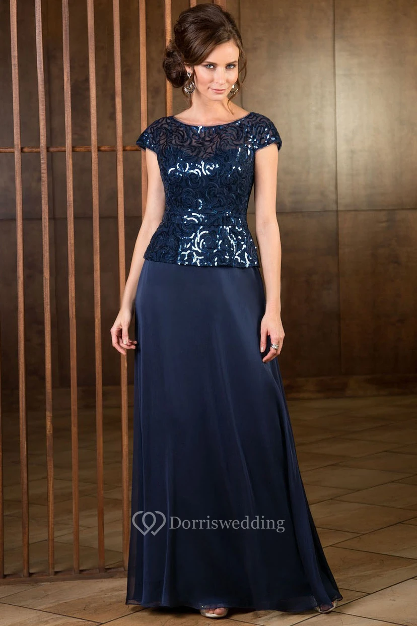 Cap-Sleeved A-Line Long Mother Of The Bride Dress With Sequined Bodice