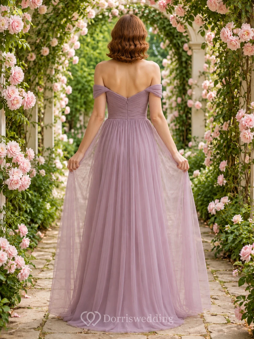 Lavender Rose Garden A-Line Tulle Chiffon Bridesmaid Dress with Off-Shoulder Sweetheart Short Sleeve Bodice, Pleated Floor-Length Skirt and Zipper Back view 2