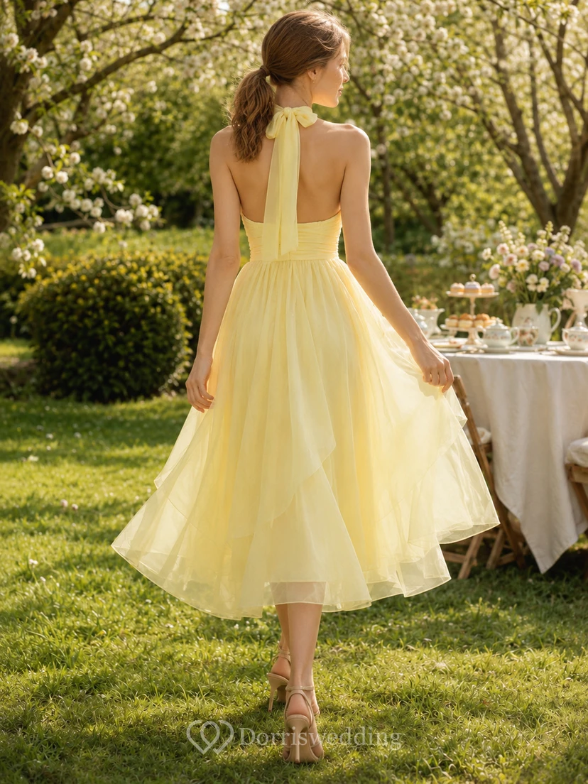 Yellow Halter Pleated Organza Tea Length Garden Dress view 2
