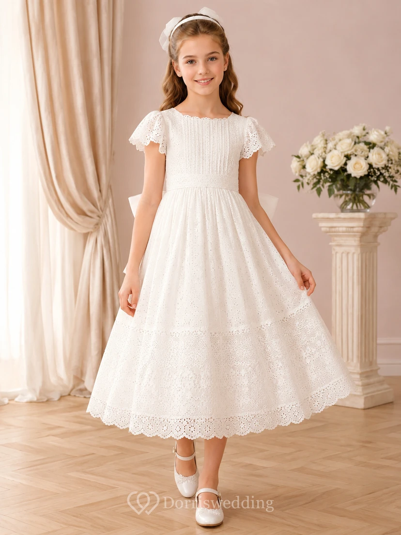 Teelanges Kleid mit Puffärmeln, Spitze und Schleife für Kommunion, Blumenmädchen, Teelänge
