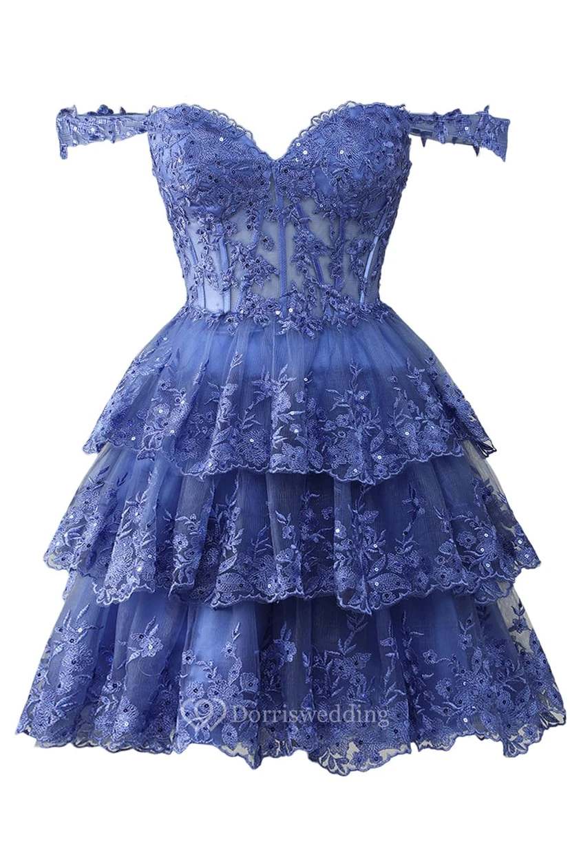 Blue Off-the-Shoulder Short Dress with Lace view 41
