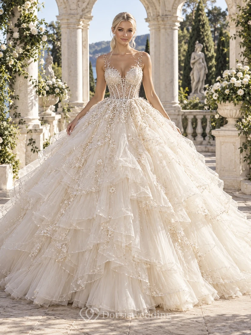 Prinzessinnen-Hochzeitsballkleid aus Tüll mit V-Ausschnitt, Perlenbesatz, Kaskadenrüschen und Hofschleppe