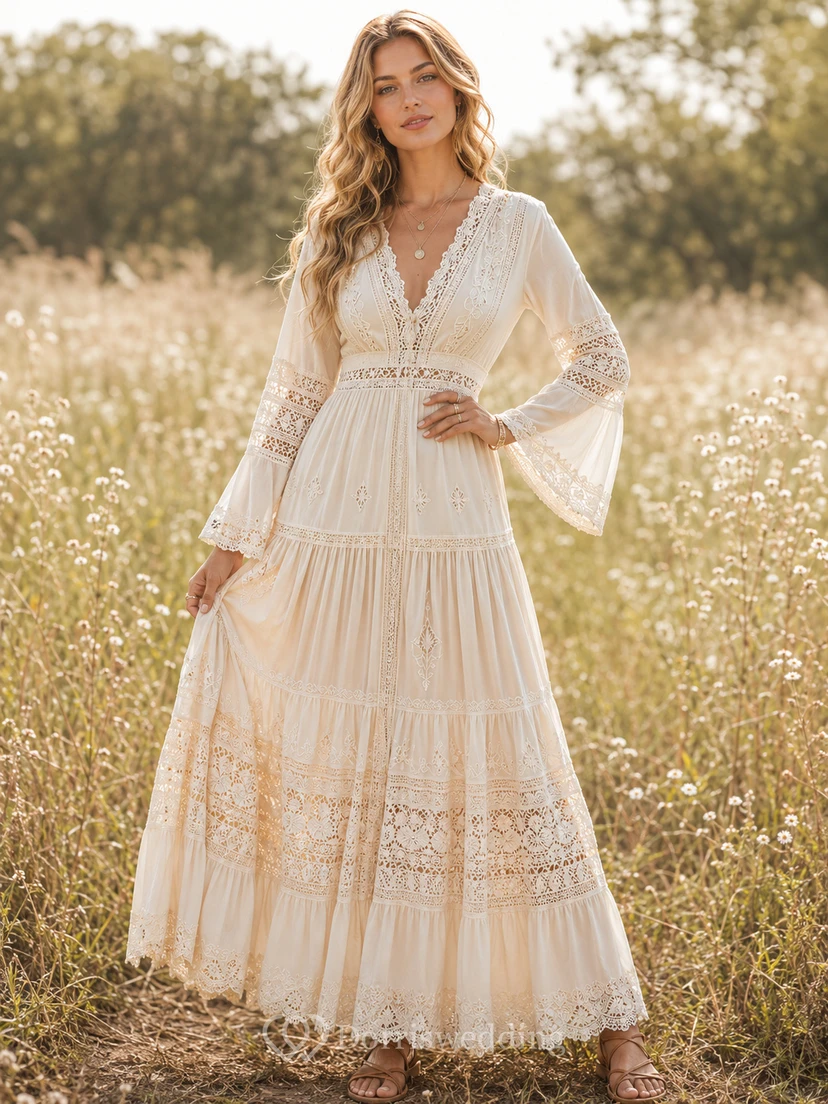 Wheatfield Folklore Ivory A-Line Ankle-Length V-Neck Long-Sleeve Lace Bohemian Guest Dress