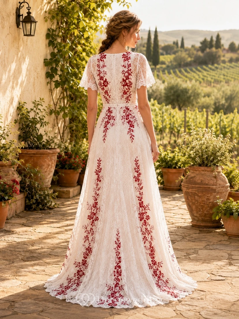 Rotes, geblümtes, kurzärmeliges, bodenlanges A-Linien-Brautkleid im Boho-Stil mit V-Ausschnitt und Spitze view 2