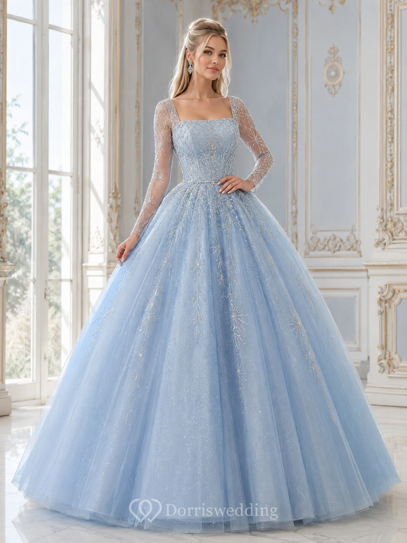 Sky Blue Modest Square Neck Long Illusion Sleeve Glitter Quinceanera Princess Ball Gown