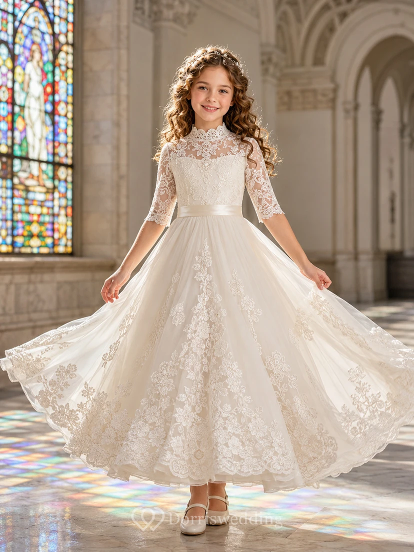 Robe de bal de communion mi-longue à col montant et manches trois-quarts en dentelle