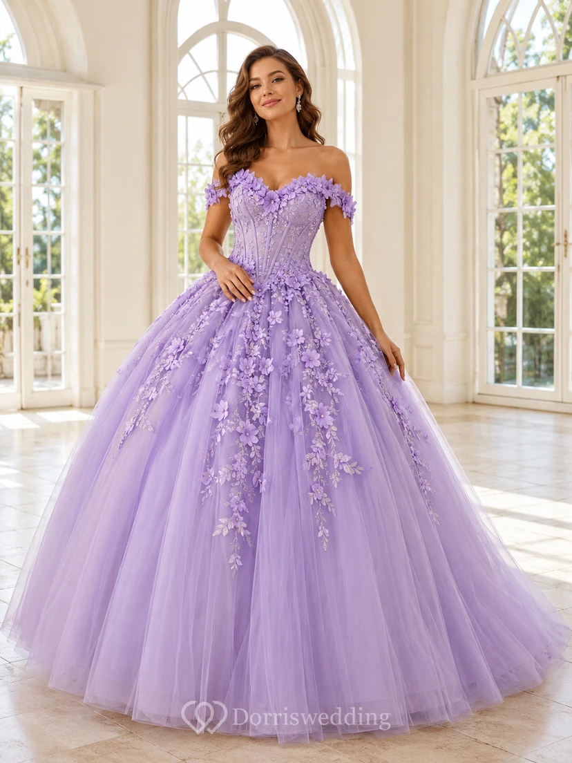 Lavender Luxury Off Shoulder Floral Applique Glitter Tulle Princess Quinceanera Ball Gown