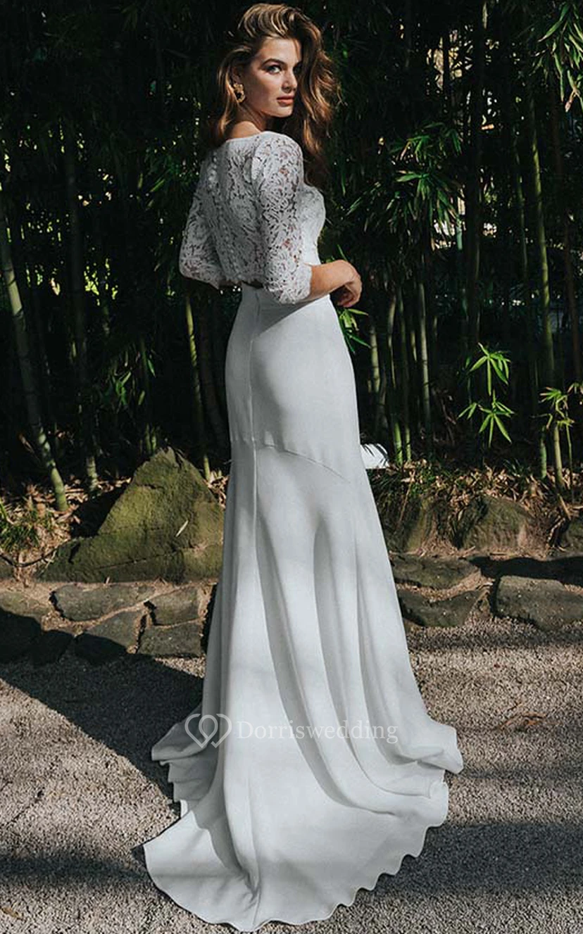 Zweiteiliges Brautkleid mit V-Ausschnitt, halblangen Ärmeln, vorderem Schlitz und Spitzenoberteil view 2