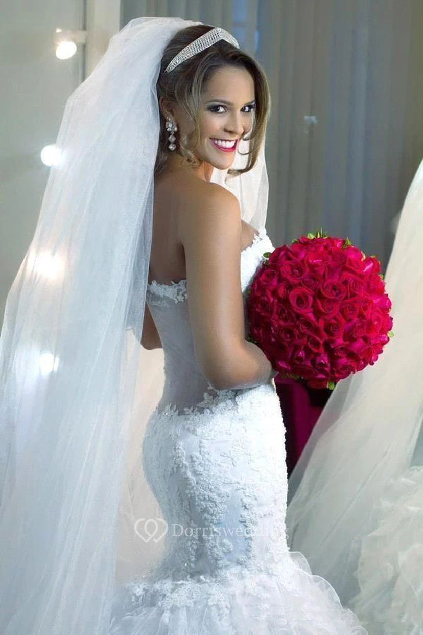 Sexy Sweetheart Backless Organza Drapped Mermaid Lace Wedding Dresses  view 2