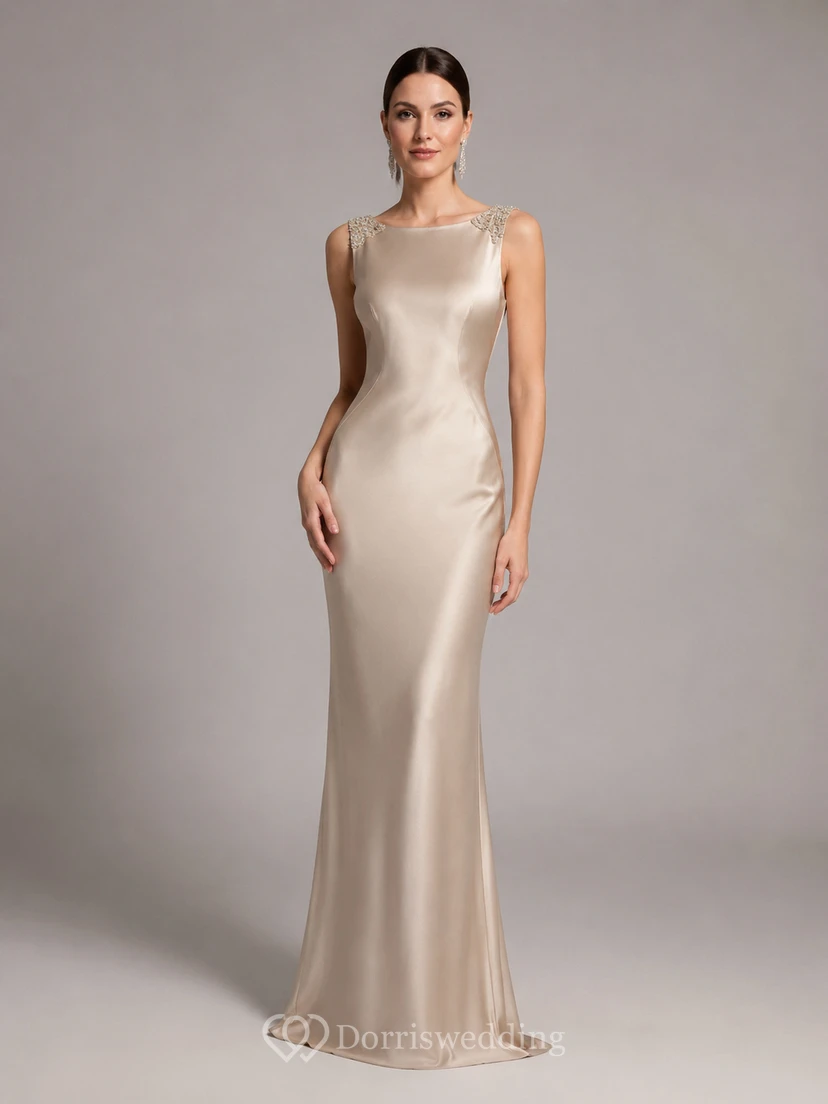 Champagne Jewel Neck Satin Illusion Back Sheath Gown