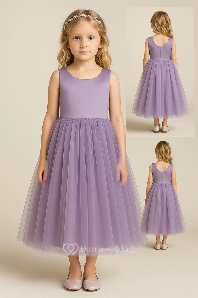 Purple Scoop-neck Sleeveless Satin A-line Tulle Flowergirl Dress view 11