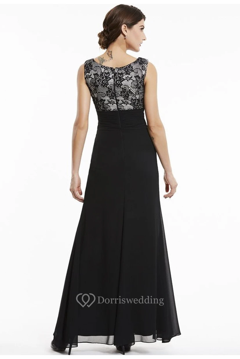 Elegantes, ärmelloses Chiffon-Abendkleid in A-Linie mit U-Boot-Ausschnitt und Spitzenapplikationen am Oberteil view 2