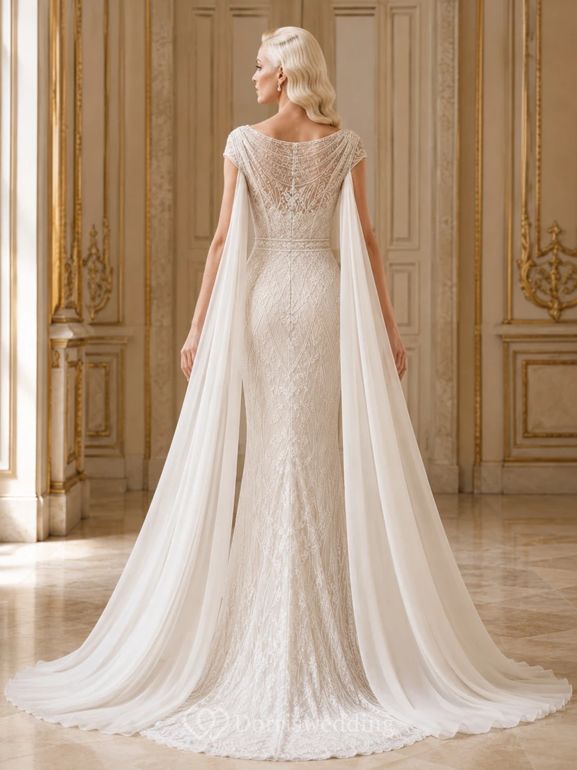Robe de mariée fourreau en dentelle perlée à manches courtes et traîne courte, style cape, avec traîne courte et ourlet bateau. view 2
