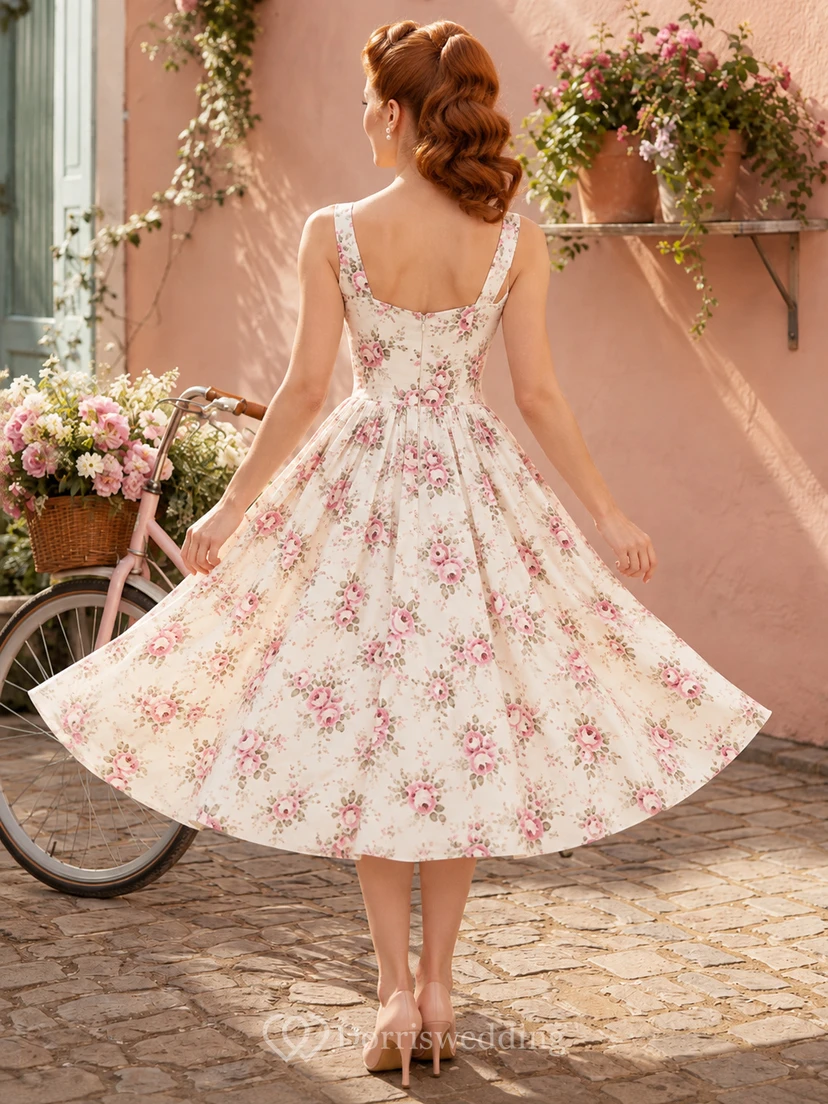 Rose-Print White Square-Neck Strapped Taffeta A-Line Tea-Length Vintage Romantic Garden Guest Cocktail Dress view 2