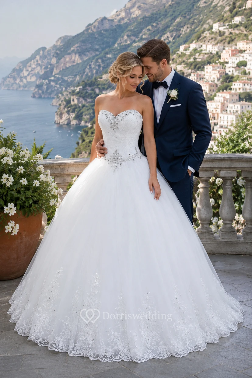 Ball Gown Sweetheart Bell Pleats Beading Appliques Flower Court Train Zipper Lace-Up Back Chiffon Tulle Lace Sequins Organza Satin Taffeta Dress