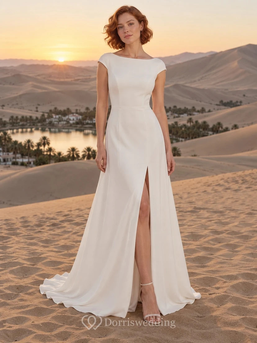Vestido de novia de crepé con escote barco, mangas cortas, abertura frontal y falda ajustada.