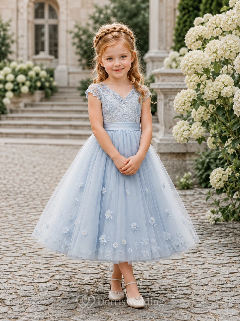 Blumenmädchenkleid, himmelblau, Tüll, A-Linie, Rundhalsausschnitt, Teelänge, florale Applikationen