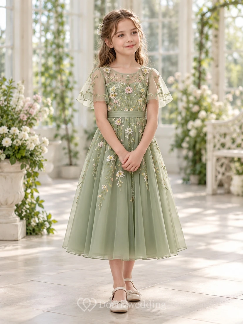 Sage Daisy Embroidered Sheer Flutter Sleeve Flower Girl Dress