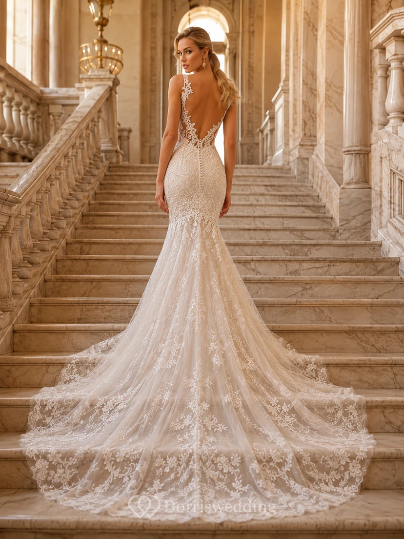 Robe de mariée sirène en dentelle florale à col en V spaghetti et traîne cathédrale de luxe view 2