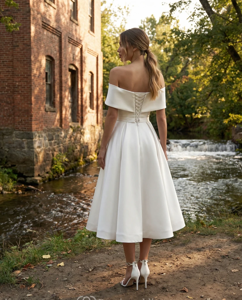 Robe de mariée mi-longue en satin à épaules dénudées view 2