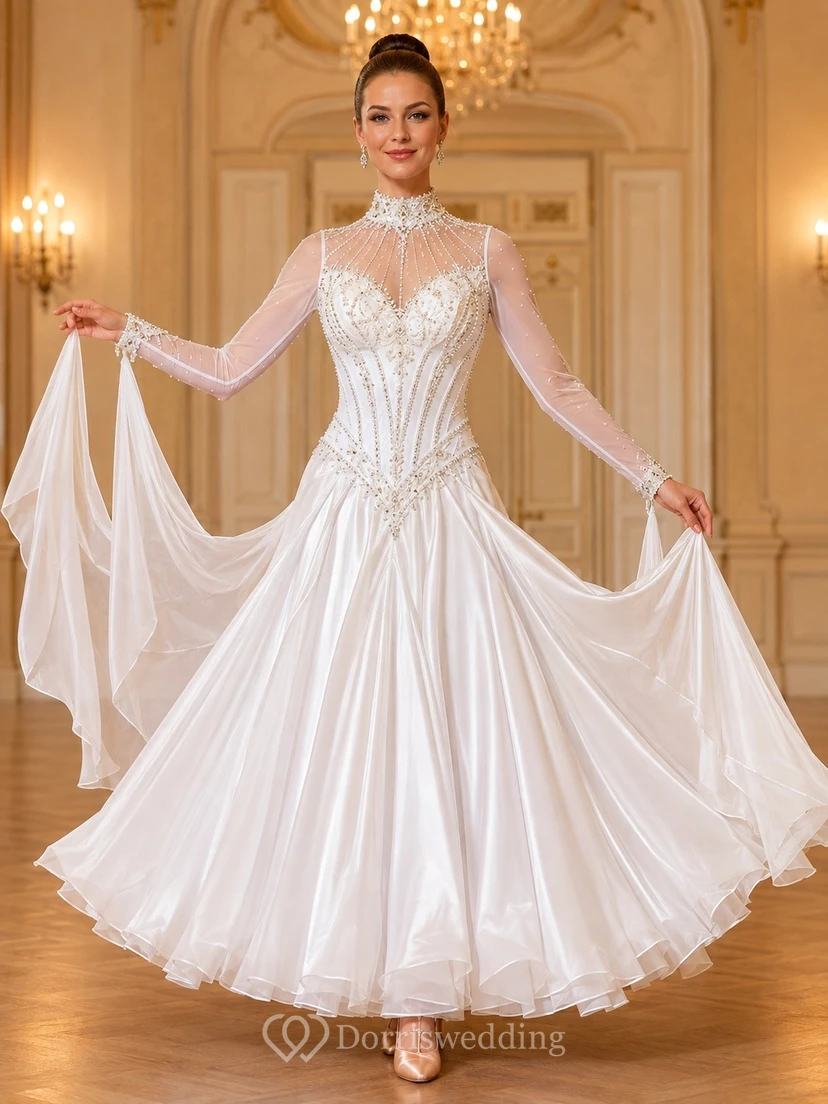 Beaded Tulle V-neck Long Sleeve Ball Gown Sweep Train Formal Dress