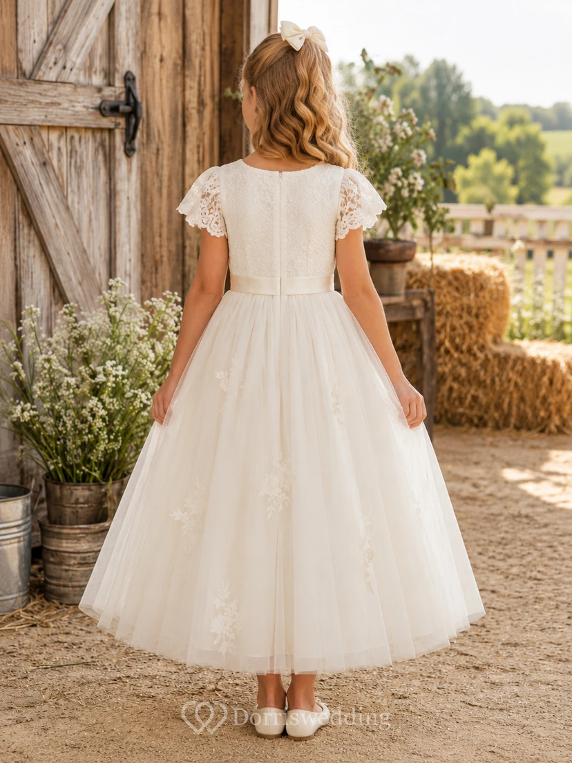 Lace Bodice Tulle A-Line Flower Girl Dress with Short Sleeves, Jewel Neck and Tea-Length Skirt view 2