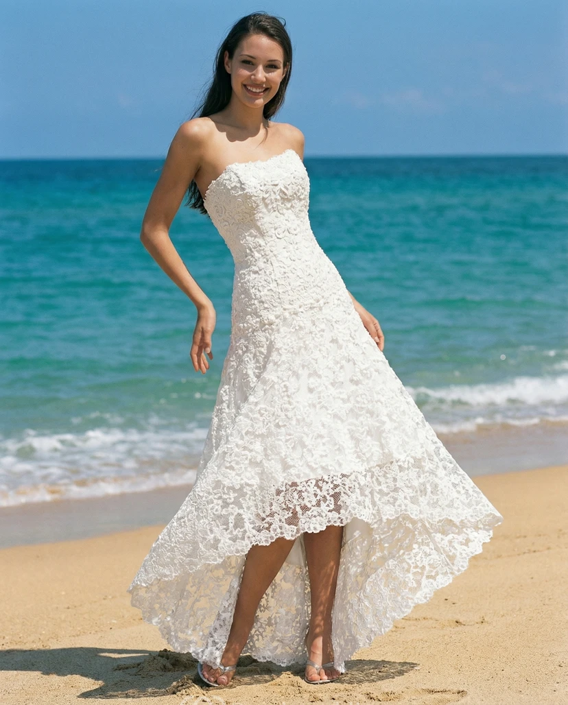 Strapless Asymmetrical Lace Sheath Wedding Dress