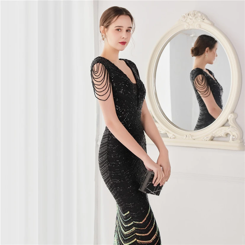 Paillettenbesetztes, handwerklich perfekt gefertigtes, perlenbesetztes Party-Abendkleid – sexy langes Kleid für die Braut view 57
