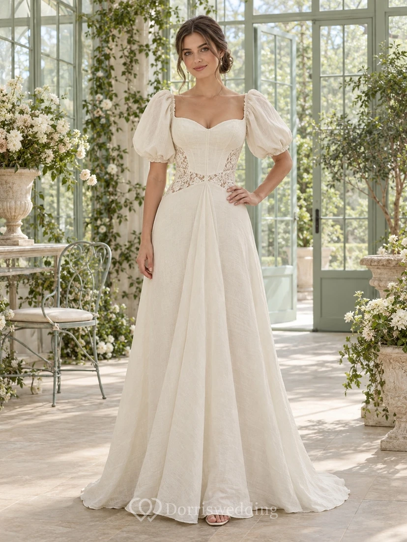 Leinen-Hochzeitskleid mit herzförmigem Ausschnitt, Puffärmeln, Spitze an der Taille und A-Linie