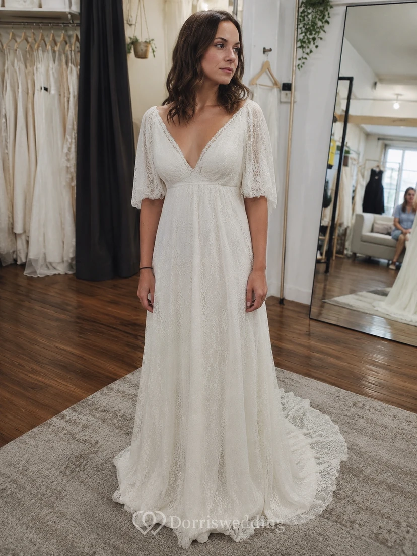 Half-sleeve V-neck Lace Boho Country Empire Wedding Dress view 6