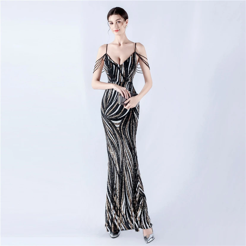 Sequined Striped Color Matching Slim Dinner Host Suspender Long Dress For Women view 5