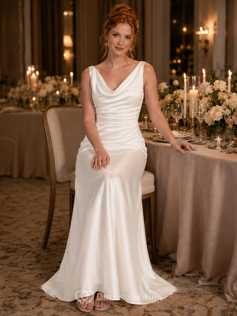 V Neck Ruched Satin Floor Length Mermaid Rehearsal Dinner Dress