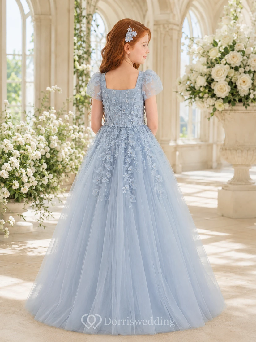 Robe de bal bleu acier à col carré et manches bouffantes, robe de demoiselle d'honneur en tulle appliqué, robe de cérémonie pour mariage formel view 2