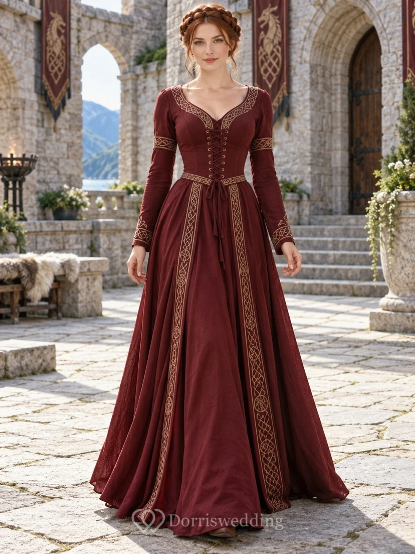 Viking Burgundy Queen Anne Long Sleeve Embroidered A-line Bridesmaid Gown