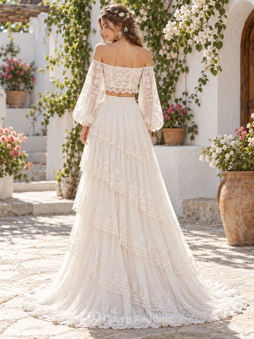 Boho Two Piece Off Shoulder Poet Sleeve Lace Wedding Dress view 2