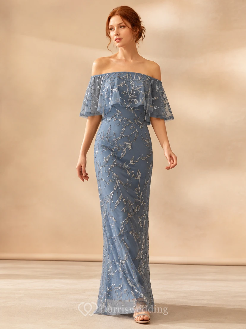 Dusty blue off shoulder lace sheath gown with flounce collar