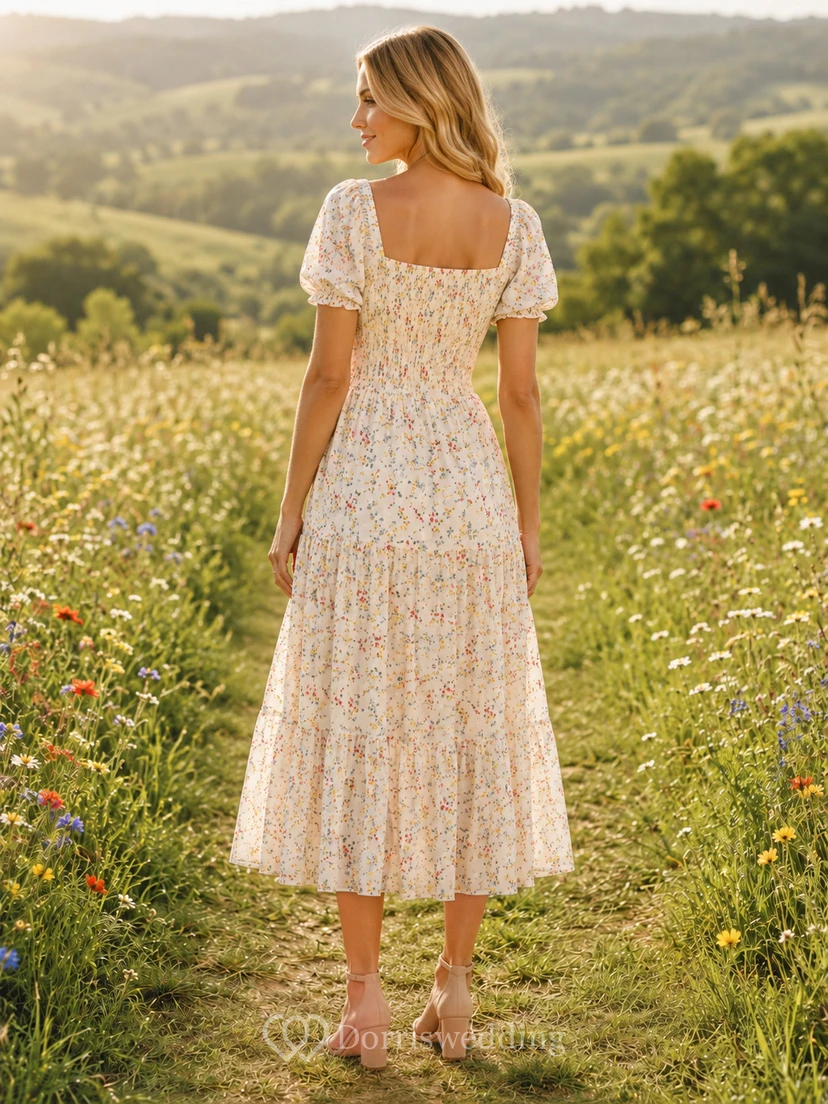 Vestido midi de manga abullonada con cuello cuadrado y estampado floral de pradera view 2