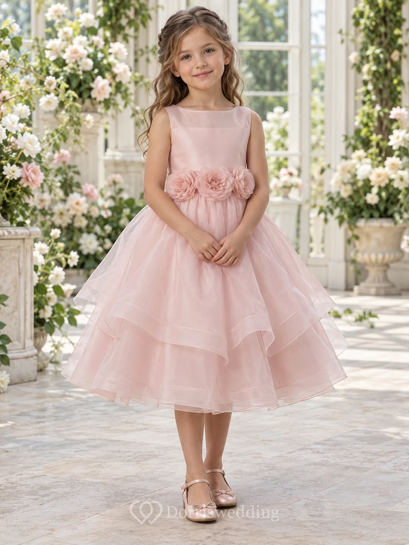 Blushing Pink Boat Neck Rosette Waist Tiered Flower Girl Dress