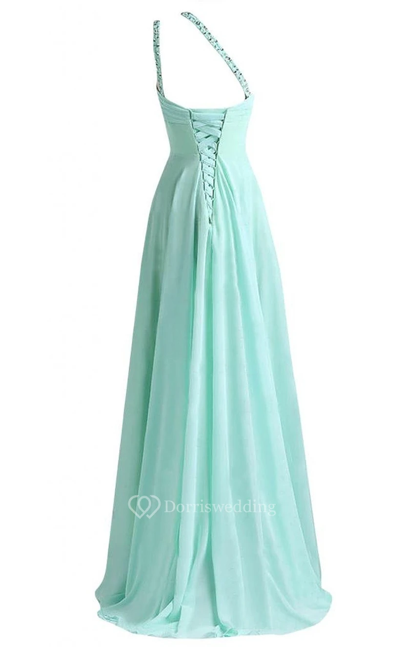 One-shoulder Beaded Chiffon A-line Gown With Lace-up Back view 2