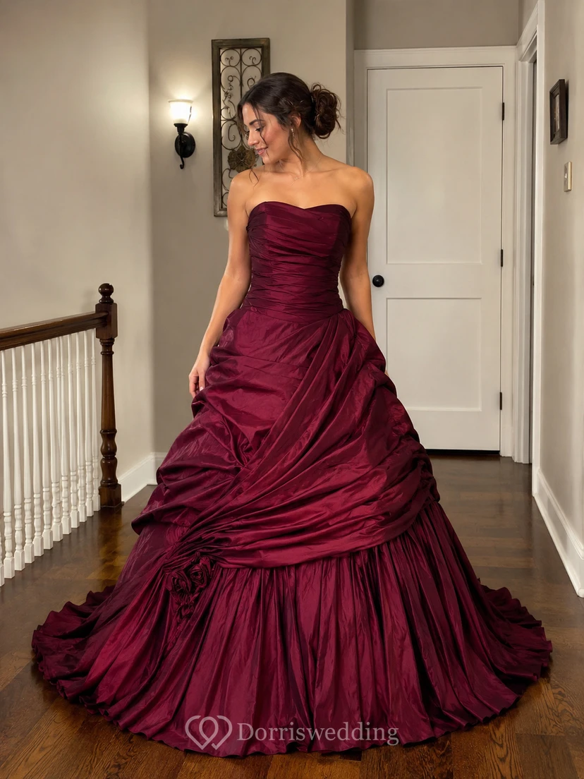 A-Line Maxi Sweetheart Pleats Zipper Lace-Up Back Lace Taffeta Dress view 10