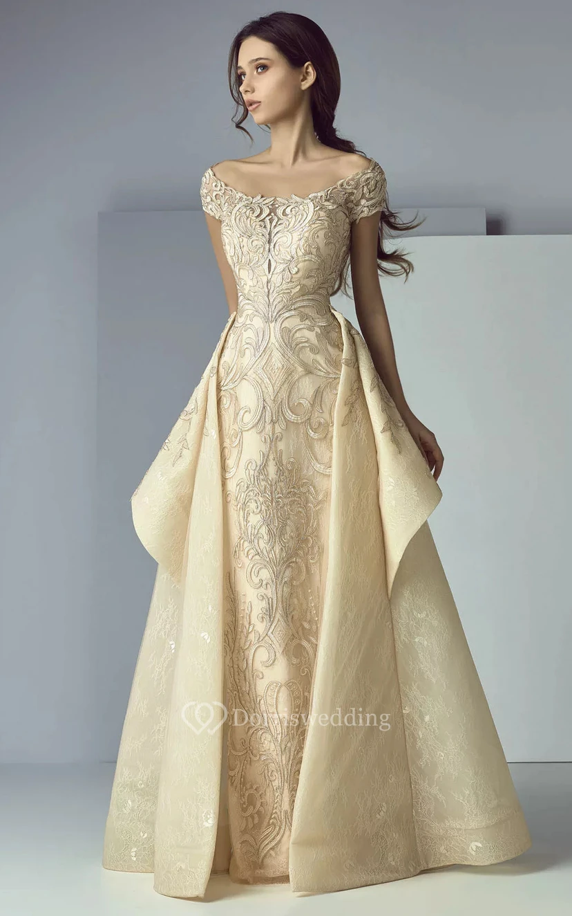 Champagne Sheath Applique Draped Column Peplum Evening Dress