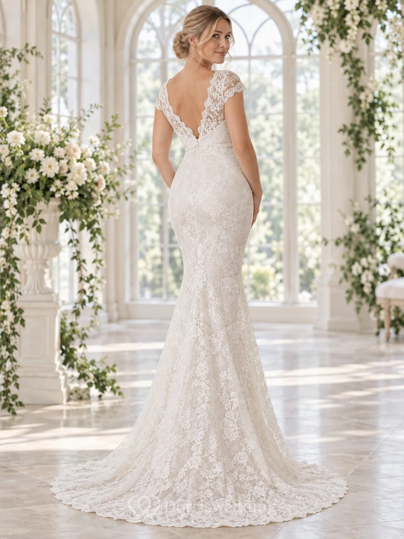Robe de mariée sirène de maternité à col en V, manches courtes en dentelle florale et traîne. view 2