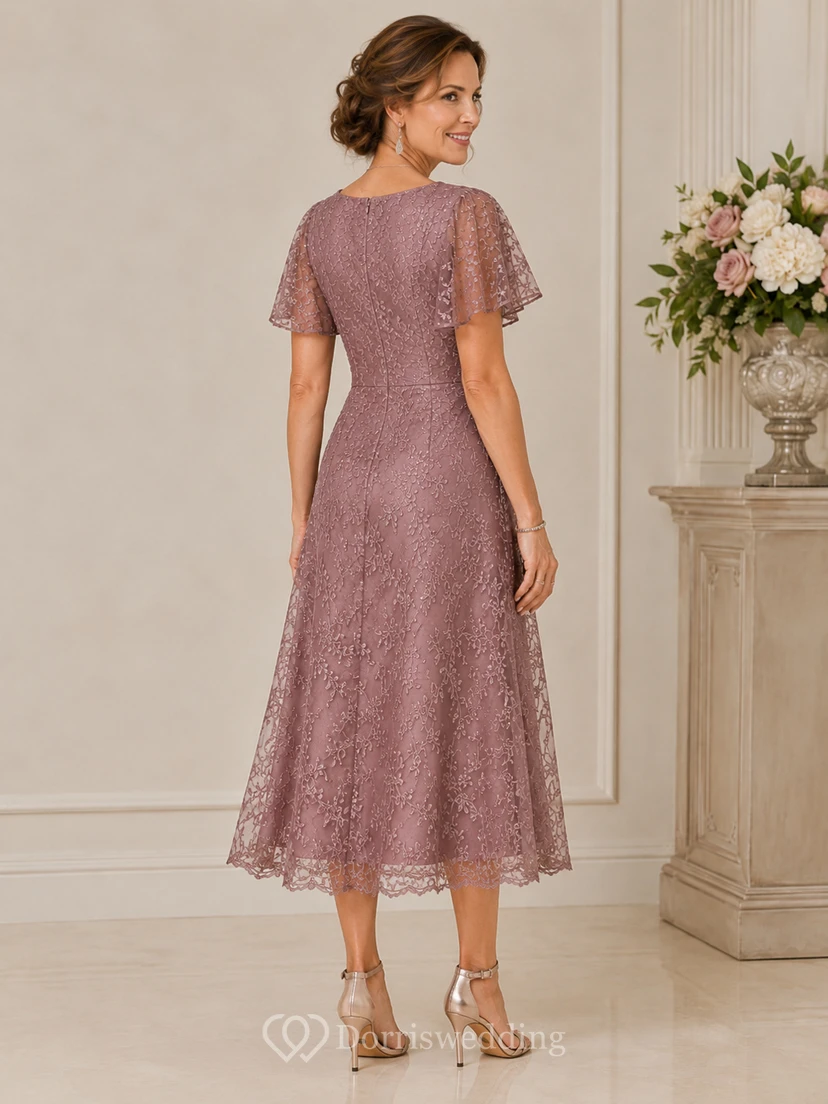 Vintage Mauve Lace Tea Length Mother Dress Vintage Mauve V-neck Sheath Tea-length view 2