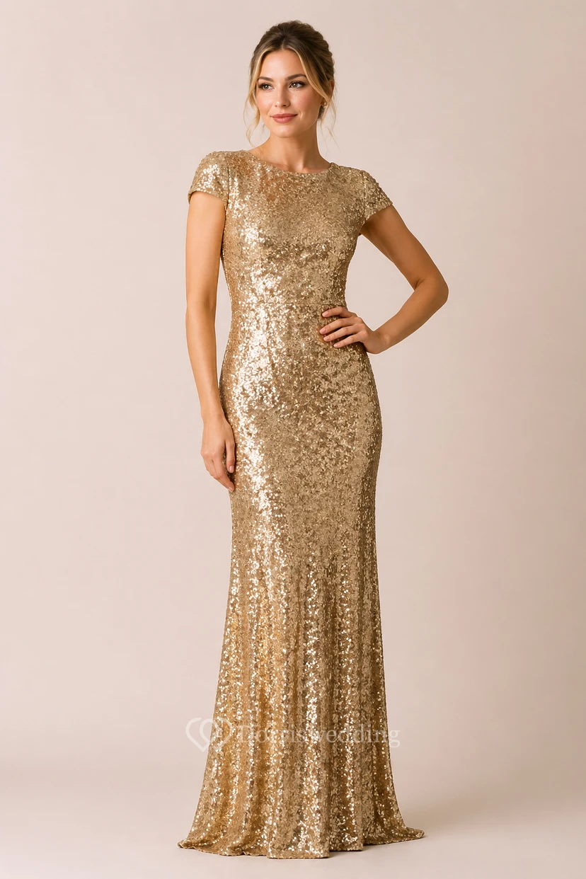 Sequin Gold Bridesmaid Dress | Long Sparkly MOB Glitter Gown with Sleeves view 6